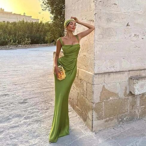 ABYOVRT Women Wedding Guest Dress Satin Corset Top Elegant Maxi Dresses with Sheer Scarf Evening Gown in Kuwait