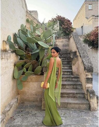 ABYOVRT Women Wedding Guest Dress Satin Corset Top Elegant Maxi Dresses with Sheer Scarf Evening Gown in Kuwait