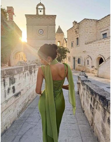 ABYOVRT Women Wedding Guest Dress Satin Corset Top Elegant Maxi Dresses with Sheer Scarf Evening Gown in Kuwait