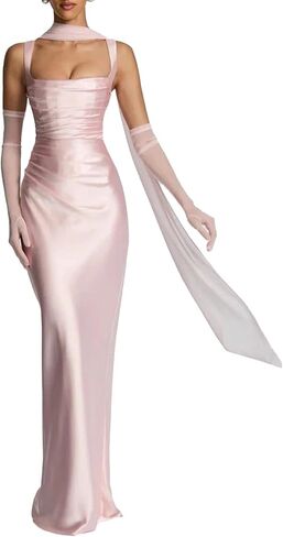 ABYOVRT Women Wedding Guest Dress Satin Corset Top Elegant Maxi Dresses with Sheer Scarf Evening Gown in Kuwait