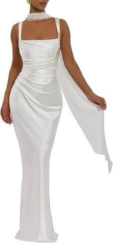 ABYOVRT Women Wedding Guest Dress Satin Corset Top Elegant Maxi Dresses with Sheer Scarf Evening Gown in Kuwait