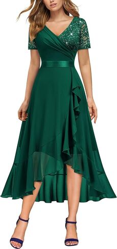 Miusol Women's Elegant V Neck Contrast Sequin Lace Chiffon Ruffle Split Evening Party Dress in Saudi Arabia