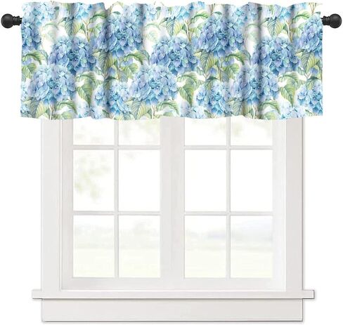 KANEPE Hydrangea Valances Curtain Watercolor Blue Hydrangea Leaves Spring Floral Window Treatment Valances Short Curtains Rod Pocket Drape for Kitchen Dining Room Home Decor, 54x18inch in Kuwait
