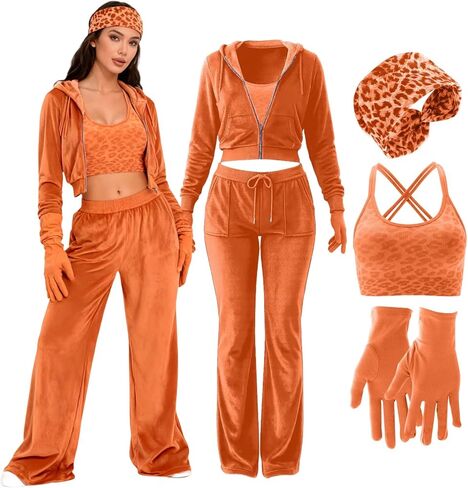 Mepase 5 Pcs Velour Tracksuit Set Women Cozy Velour Outfit Leopard Print Sports Bra Headband Gloves for Halloween Costume in Saudi Arabia