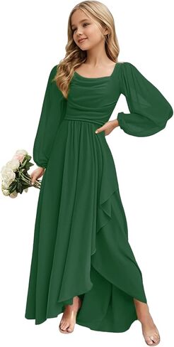 Junior Bridesmaid Dress Long Sleeve Slit Chiffon Flower Girl Dress Teen Girl Formal Dresses Square Neck in Saudi Arabia