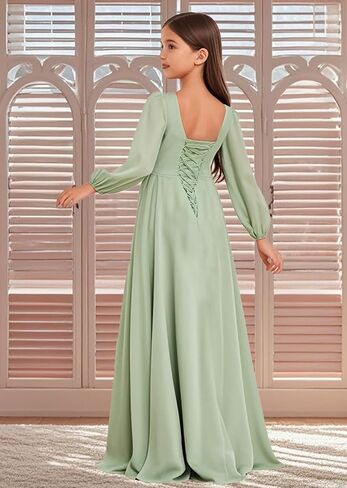 Junior Bridesmaid Dress Long Sleeve Slit Chiffon Flower Girl Dress Teen Girl Formal Dresses Square Neck in Saudi Arabia