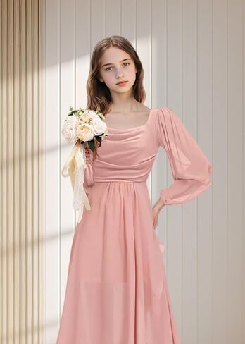 Junior Bridesmaid Dress Long Sleeve Slit Chiffon Flower Girl Dress Teen Girl Formal Dresses Square Neck in Saudi Arabia