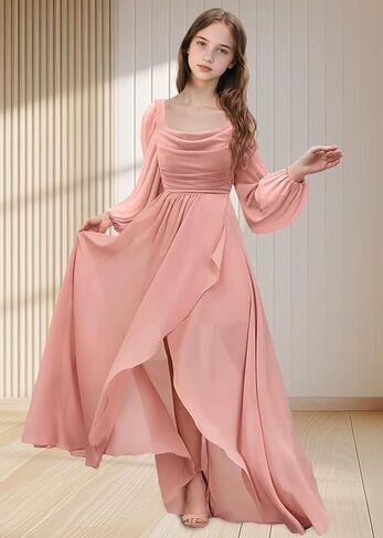 Junior Bridesmaid Dress Long Sleeve Slit Chiffon Flower Girl Dress Teen Girl Formal Dresses Square Neck in Saudi Arabia