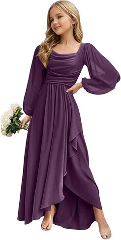 Junior Bridesmaid Dress Long Sleeve Slit Chiffon Flower Girl Dress Teen Girl Formal Dresses Square Neck in Saudi Arabia