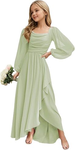 Junior Bridesmaid Dress Long Sleeve Slit Chiffon Flower Girl Dress Teen Girl Formal Dresses Square Neck in Saudi Arabia