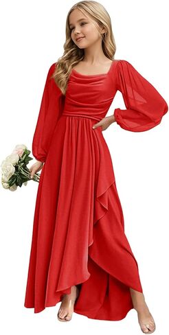Junior Bridesmaid Dress Long Sleeve Slit Chiffon Flower Girl Dress Teen Girl Formal Dresses Square Neck in Saudi Arabia