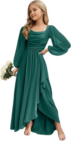 Junior Bridesmaid Dress Long Sleeve Slit Chiffon Flower Girl Dress Teen Girl Formal Dresses Square Neck in Saudi Arabia