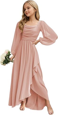 Junior Bridesmaid Dress Long Sleeve Slit Chiffon Flower Girl Dress Teen Girl Formal Dresses Square Neck in Saudi Arabia