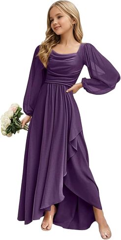 Junior Bridesmaid Dress Long Sleeve Slit Chiffon Flower Girl Dress Teen Girl Formal Dresses Square Neck in Saudi Arabia