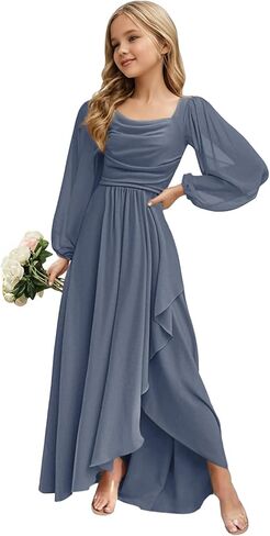 Junior Bridesmaid Dress Long Sleeve Slit Chiffon Flower Girl Dress Teen Girl Formal Dresses Square Neck in Saudi Arabia