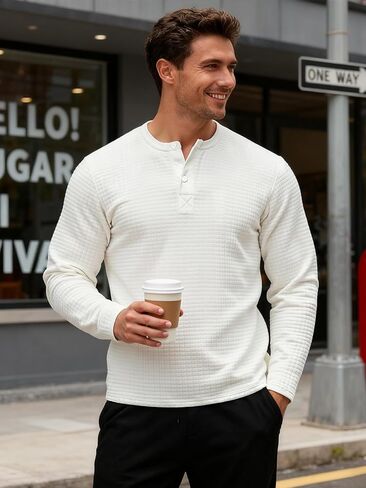 TAFLE Men's Henley Shirts Long Sleeve Casual Waffle T-Shirts Button Pullover Sweaters Tee Shirt in Saudi Arabia