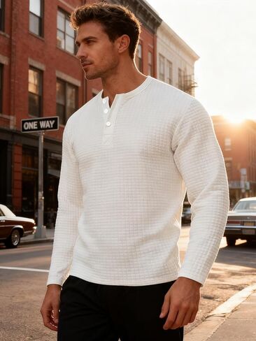 TAFLE Men's Henley Shirts Long Sleeve Casual Waffle T-Shirts Button Pullover Sweaters Tee Shirt in Saudi Arabia