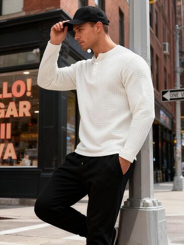 TAFLE Men's Henley Shirts Long Sleeve Casual Waffle T-Shirts Button Pullover Sweaters Tee Shirt in Saudi Arabia