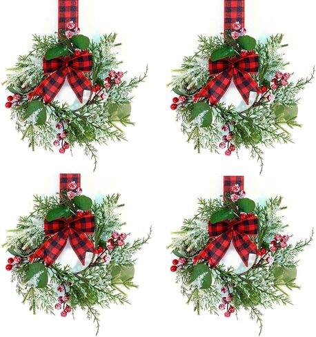 Erizhaltic 4 Pcs 9.5" Mini Christmas Wreath for Cabinets, Christmas Wreath for Kitchen Decor, Mini Wreaths with Ribbon and Cherry, Door or Kitchen Decor in Saudi Arabia