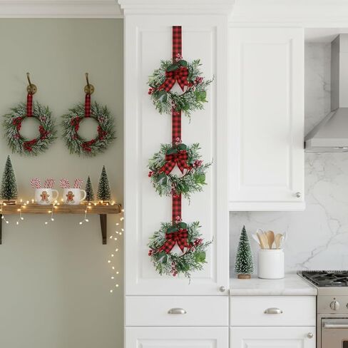 Erizhaltic 4 Pcs 9.5" Mini Christmas Wreath for Cabinets, Christmas Wreath for Kitchen Decor, Mini Wreaths with Ribbon and Cherry, Door or Kitchen Decor in Saudi Arabia
