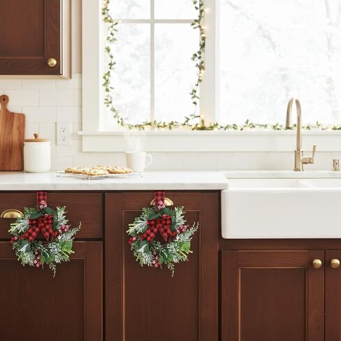 Erizhaltic 4 Pcs 9.5" Mini Christmas Wreath for Cabinets, Christmas Wreath for Kitchen Decor, Mini Wreaths with Ribbon and Cherry, Door or Kitchen Decor in Saudi Arabia