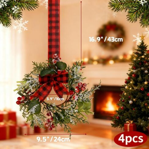 Erizhaltic 4 Pcs 9.5" Mini Christmas Wreath for Cabinets, Christmas Wreath for Kitchen Decor, Mini Wreaths with Ribbon and Cherry, Door or Kitchen Decor in Saudi Arabia