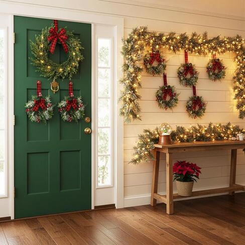Erizhaltic 4 Pcs 9.5" Mini Christmas Wreath for Cabinets, Christmas Wreath for Kitchen Decor, Mini Wreaths with Ribbon and Cherry, Door or Kitchen Decor in Saudi Arabia