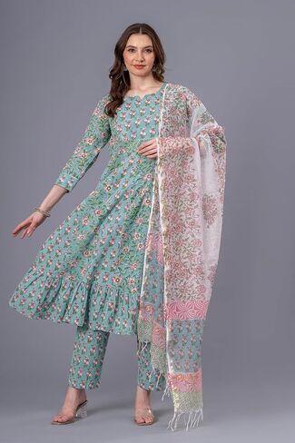 مجموعة كورتا أناركالي للسيدات من القطن الخالص - بنطال كورتي ووشاح مطبوع يدويًا - زي هندي بنمط الأزهار in Kuwait