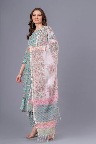 مجموعة كورتا أناركالي للسيدات من القطن الخالص - بنطال كورتي ووشاح مطبوع يدويًا - زي هندي بنمط الأزهار in Kuwait