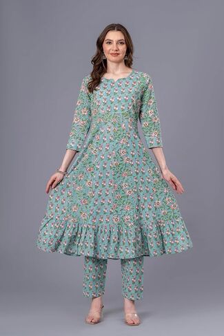مجموعة كورتا أناركالي للسيدات من القطن الخالص - بنطال كورتي ووشاح مطبوع يدويًا - زي هندي بنمط الأزهار in Kuwait