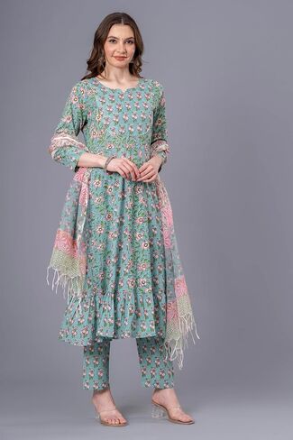 مجموعة كورتا أناركالي للسيدات من القطن الخالص - بنطال كورتي ووشاح مطبوع يدويًا - زي هندي بنمط الأزهار in Kuwait