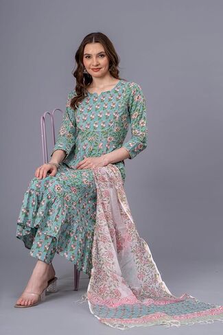 مجموعة كورتا أناركالي للسيدات من القطن الخالص - بنطال كورتي ووشاح مطبوع يدويًا - زي هندي بنمط الأزهار in Kuwait
