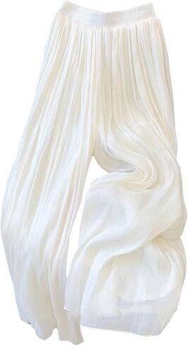 RoseSeek Women's High Waisted Flowy Palazzo Pants Pleated Wide Leg Baggy Long Pants Chiffon Trousers in Kuwait