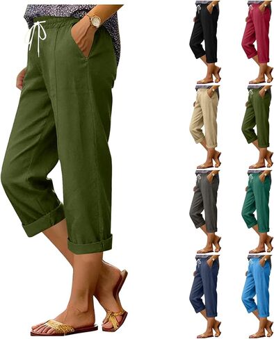 SCRRMZO سراويل كابري كتان للنساء برباط عالي الخصر سراويل طويلة صيفية غير رسمية لقضاء العطلات على الشاطئ مع جيوب in Kuwait