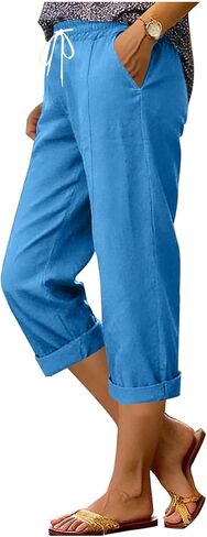 SCRRMZO Linen Capri Pants for Women Drawstring High Waisted Long Shorts Summer Casual Beach Vacation Pants with Pockets in Saudi Arabia