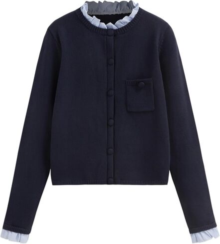 CIDER Knit Plaid Round Neckline Long Sleeve Ruffle Trim Button Cardigan in Saudi Arabia