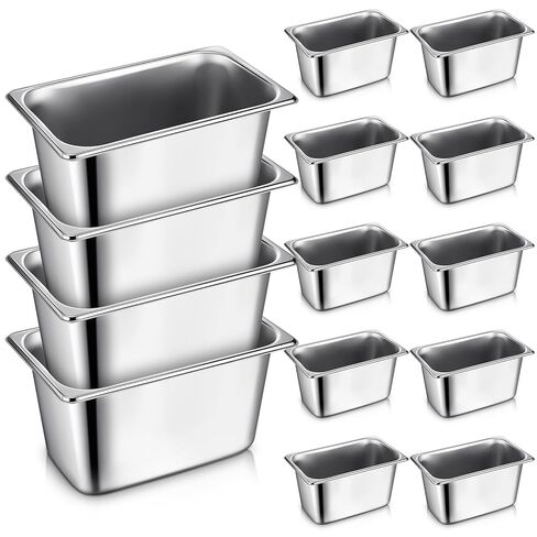 Rtteri 16 Pcs 1/6 Size Restaurant Food Prep Pan 6 Inch Deep Stainless Steel Hotel Pan Metal Steam Table Pan Commercial Catering Tray Buffet Container with 2 Pcs Tong and 4 Pcs Spoon(1/6 Size) in Kuwait
