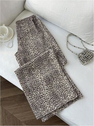 GORGLITTER المرأة ليوبارد الفهد السراويل واسعة الساق Y2k مضيئة Shirred جرس أسفل Paperbag بنطلون in Kuwait