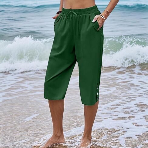 Womens Casual Capri Pants Elastic Drawstring Waist 3/4 Wide Leg Summer Trousers with Pockets in Saudi Arabia