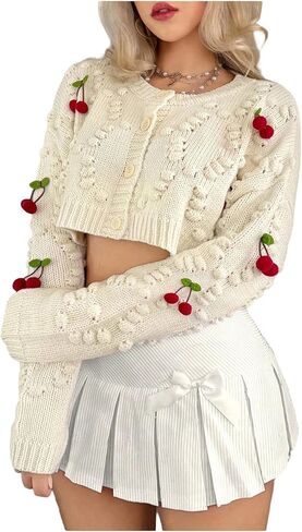 MakeMeChic Women's Cropped Christmas Sweater Cardigan Cherry Button Down Long Sleeve Knit Tops in Saudi Arabia
