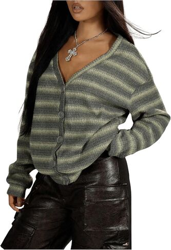 Milumia Women's Striped Button Down Sweater Cardigan V Neck Long Sleeve Y2k Loose Knit Tops in Saudi Arabia