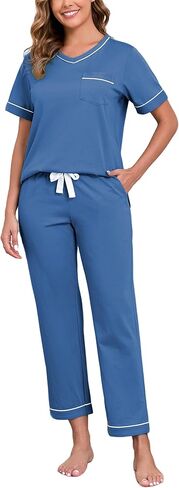 COLORFULLEAF 100% Cotton Pajamas for Women Set V Neck Short Sleeve Sleepwear Long Pajama Pants with Pocket 2 Piece Pjs Sets in Saudi Arabia