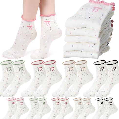 10 Pairs Bow Ruffle Socks Cute Girly Crew Socks Breathable Cotton Thin Pink Bow Frilly Coquette Stuff for Preppy Birthday Party Favors Gifts in Saudi Arabia