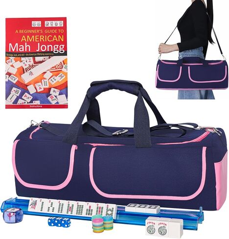 مجموعة ألعاب Mahjong الأمريكية ، 166 بلاطًا أبيض ، حقيبة مطبوعة زرقاء مع إكسسوارات كاملة ، 4 كل من رف/دافعون ، مجموعة Mahjong Tiles in Kuwait