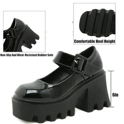 Women's Leather Square Buckle Platform Chunky Heel Mary Janes Adjustable Strap Fashion Closed Round Toe Chunky High Heels Oxford Shoe Leisure Office Party Dress Pumps in Saudi Arabia