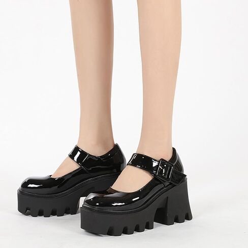 Women's Leather Square Buckle Platform Chunky Heel Mary Janes Adjustable Strap Fashion Closed Round Toe Chunky High Heels Oxford Shoe Leisure Office Party Dress Pumps in Saudi Arabia