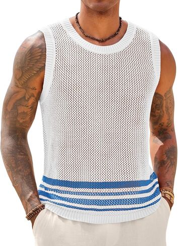 Runcati Mens Sleeveless Tank Tops Knitted Hollow Out Crochet T-Shirts Muscle Summer Beach Color Block Shirts in Saudi Arabia