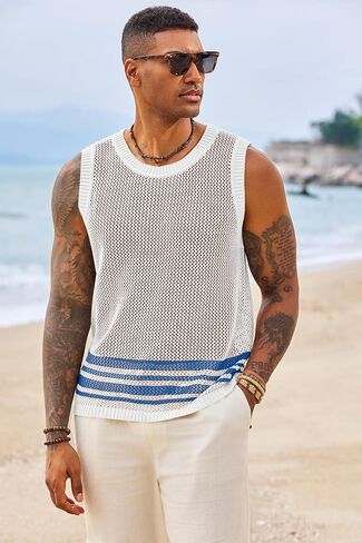Runcati Mens Sleeveless Tank Tops Knitted Hollow Out Crochet T-Shirts Muscle Summer Beach Color Block Shirts in Saudi Arabia