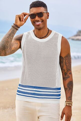 Runcati Mens Sleeveless Tank Tops Knitted Hollow Out Crochet T-Shirts Muscle Summer Beach Color Block Shirts in Saudi Arabia