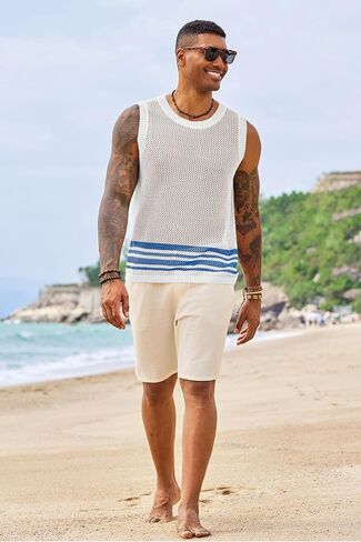 Runcati Mens Sleeveless Tank Tops Knitted Hollow Out Crochet T-Shirts Muscle Summer Beach Color Block Shirts in Saudi Arabia